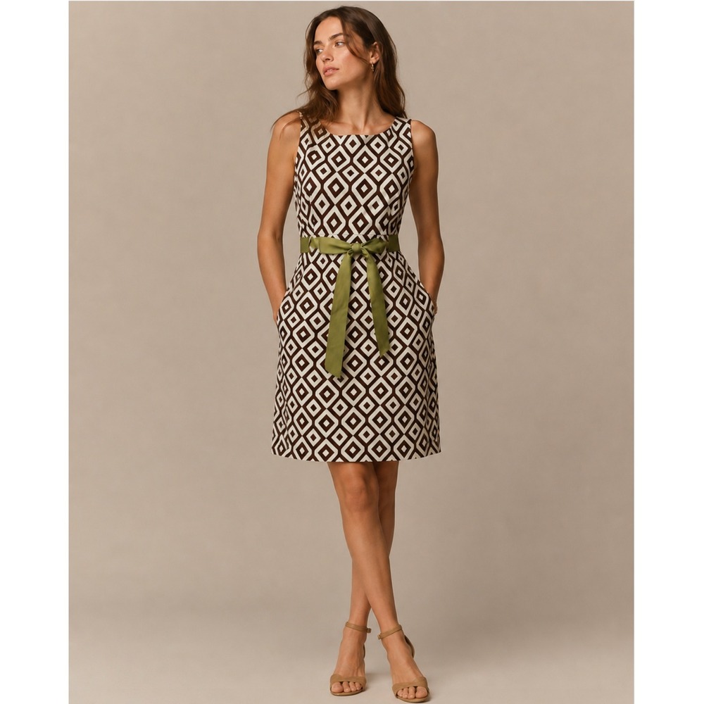 Jessica Howard Dress 8 Brown White Geometric Y2K Sleeveless Belted Retro Sheath